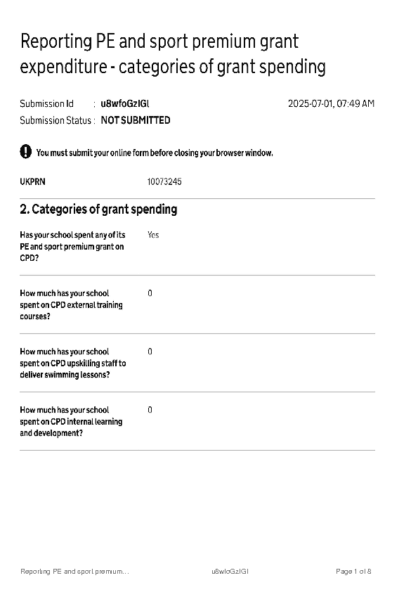 Reporting PE and sport premium grant expenditure – categories of grant spending