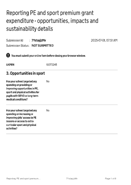 Reporting PE and sport premium grant expenditure – opportunities, impacts and sustainability details