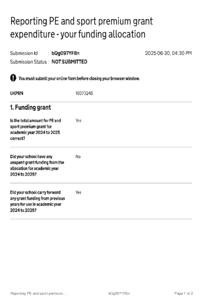 Reporting PE and sport premium grant expenditure – your funding allocation
