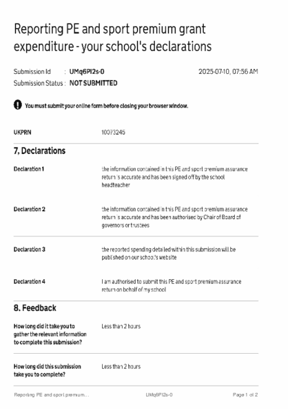 Reporting PE and sport premium grant expenditure – your school’s declarations