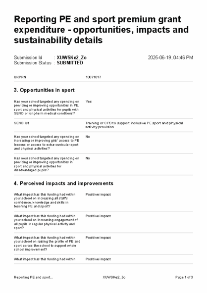 Reporting PE and sport premium grant expenditure – opportunities, impacts and sustainability details
