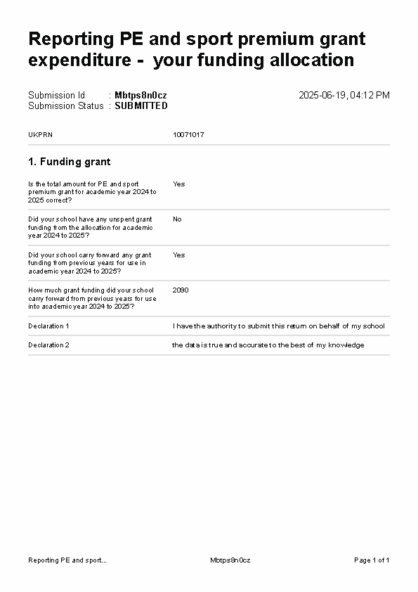 Reporting PE and sport premium grant expenditure – your funding allocation