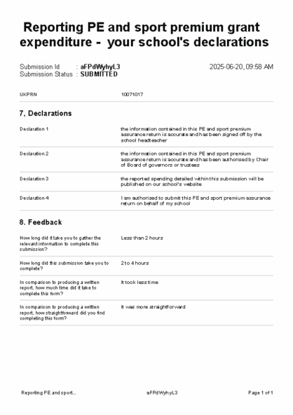 Reporting PE and sport premium grant expenditure – your school’s declarations