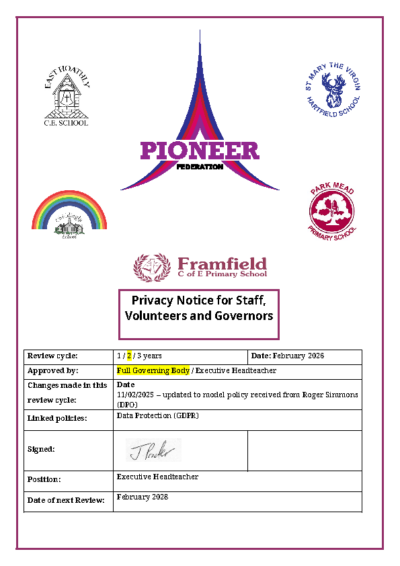 Privacy Notice for Staff, Volunteers & Governors