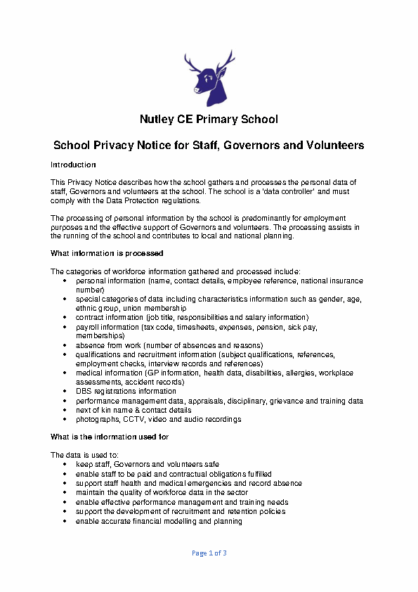 Privacy Notice – Staff, Governors & Volunteers