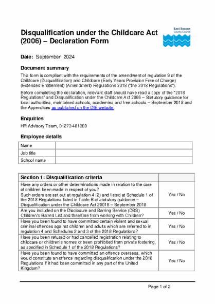 Disqualification under the Childcare Act (2006) – Declaration Form