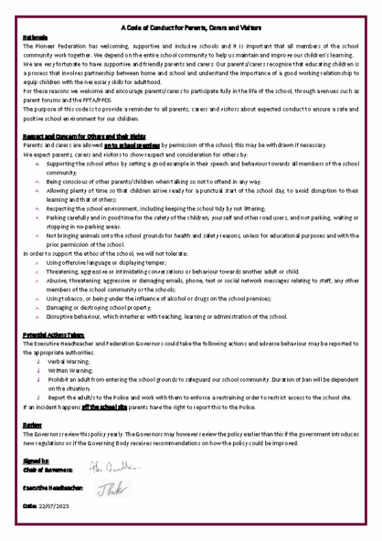 Parent, Carer & Visitor Code of Conduct