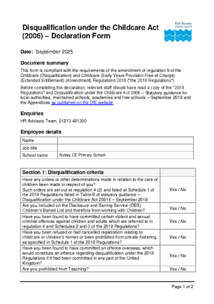 Disqualification under the Childcare Act (2006) – Declaration Form