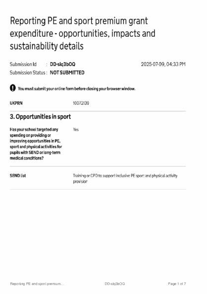 Reporting PE and sport premium grant expenditure – opportunities, impacts and sustainability details