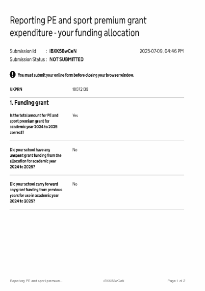 Reporting PE and sport premium grant expenditure – your funding allocation