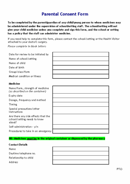 Parental Request for School to Administer Prescribed Medicine