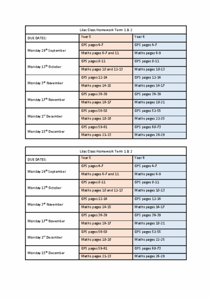Lilac Class Homework Term 1/2