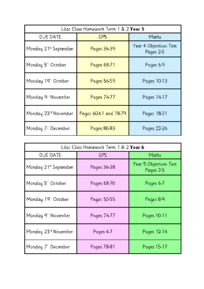 Lilac Class Homework Term 1/2 2026/27