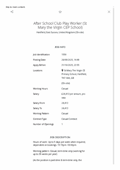 After School Club Play Worker Job Details