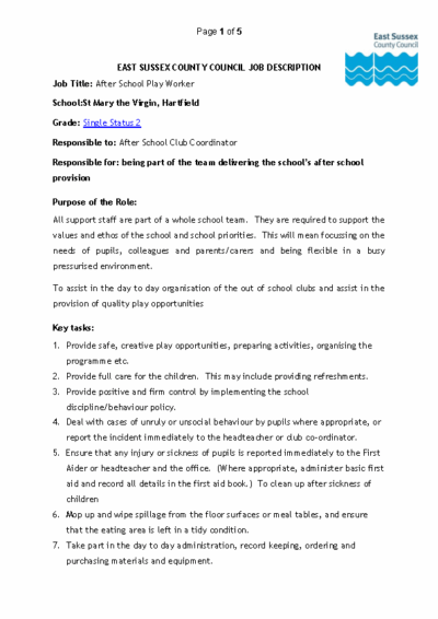 After School Play Worker Job Description