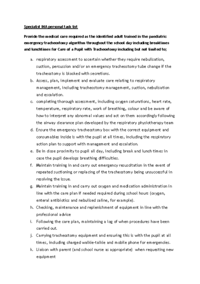 Specialist INA Personal Task List