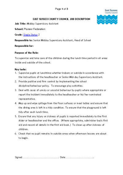 Midday Supervisory Assistant Job Description