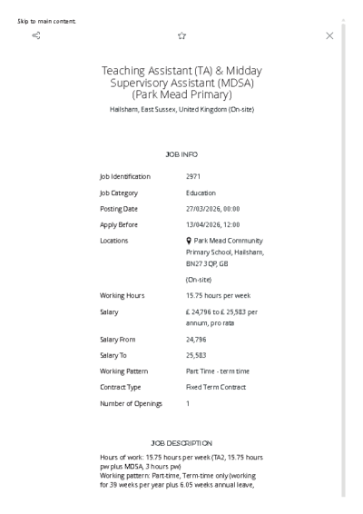 Teaching Assistant (TA) & Midday Supervisory Assistant (MDSA) Job Details