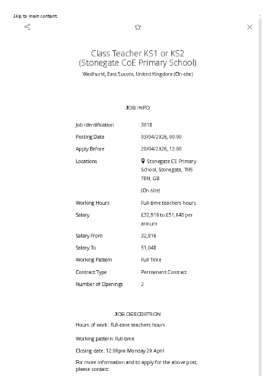 Class Teacher Job Details