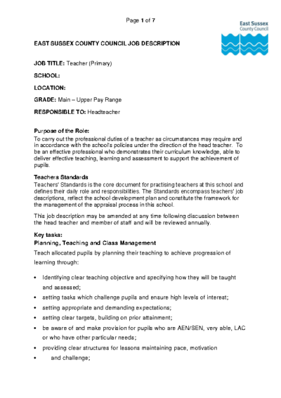 Class Teacher Job Description